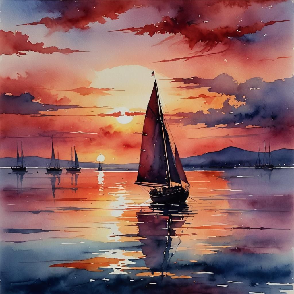 Watercolor Sailing Boat at Sunset with Red Hues