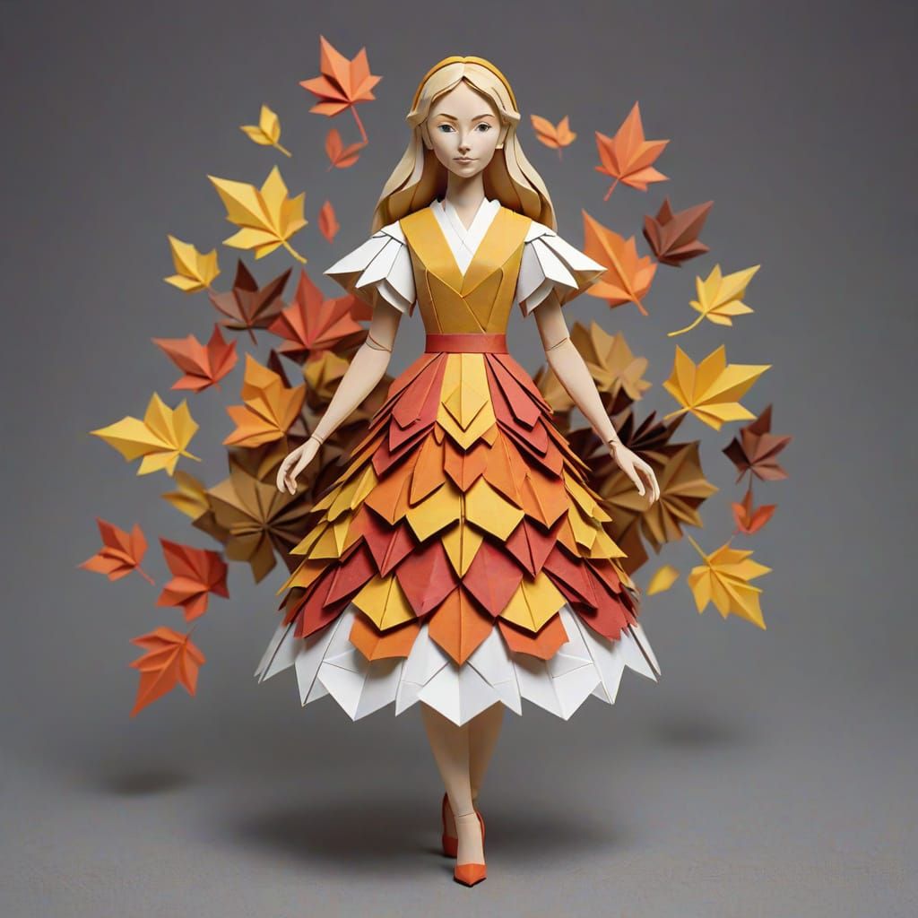 Woman in Autumn Leaves Dress, Intricate Papercraft Style
