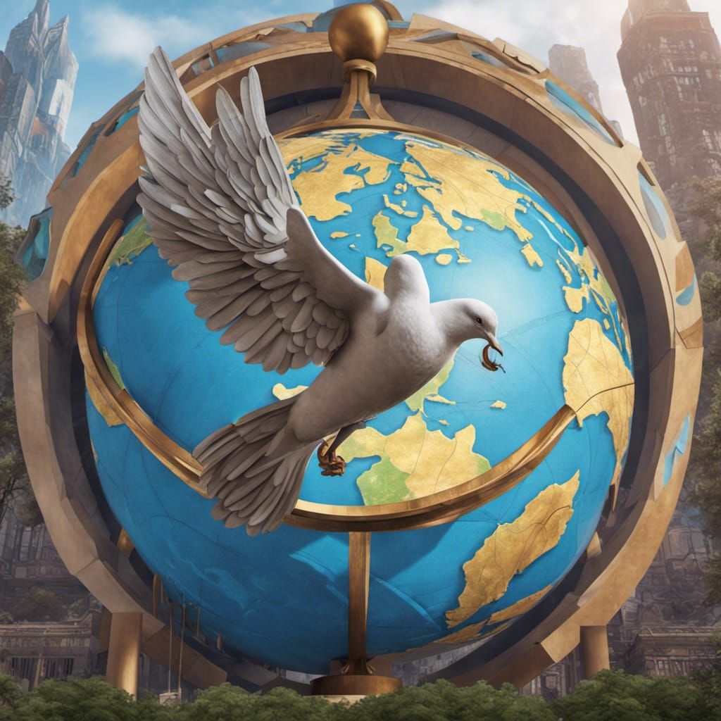 a vibrant mural of a dove perched on the United Nations globe, symbolizing the world's collective pursuit of peace and u...
