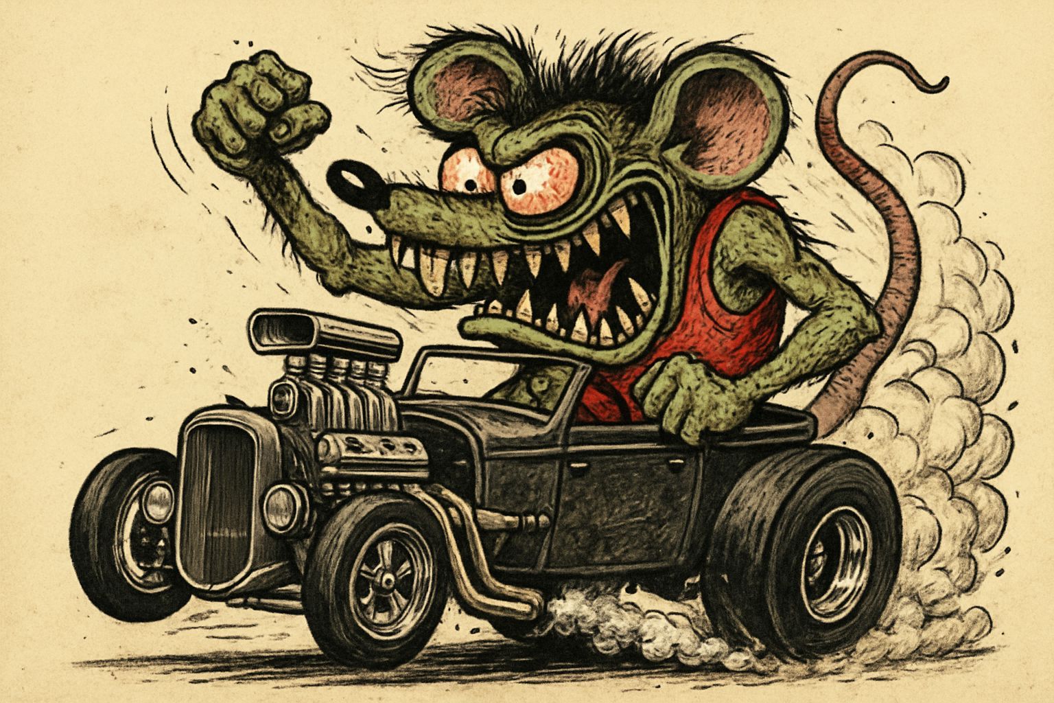 Aggressive Ratfink Monster Driving a Rat Rod