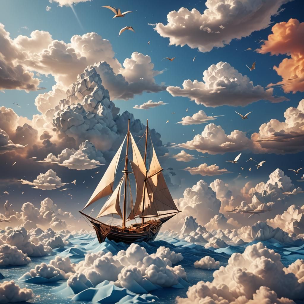 Origami Sailboat on Clouds: Fantasy Concept Art