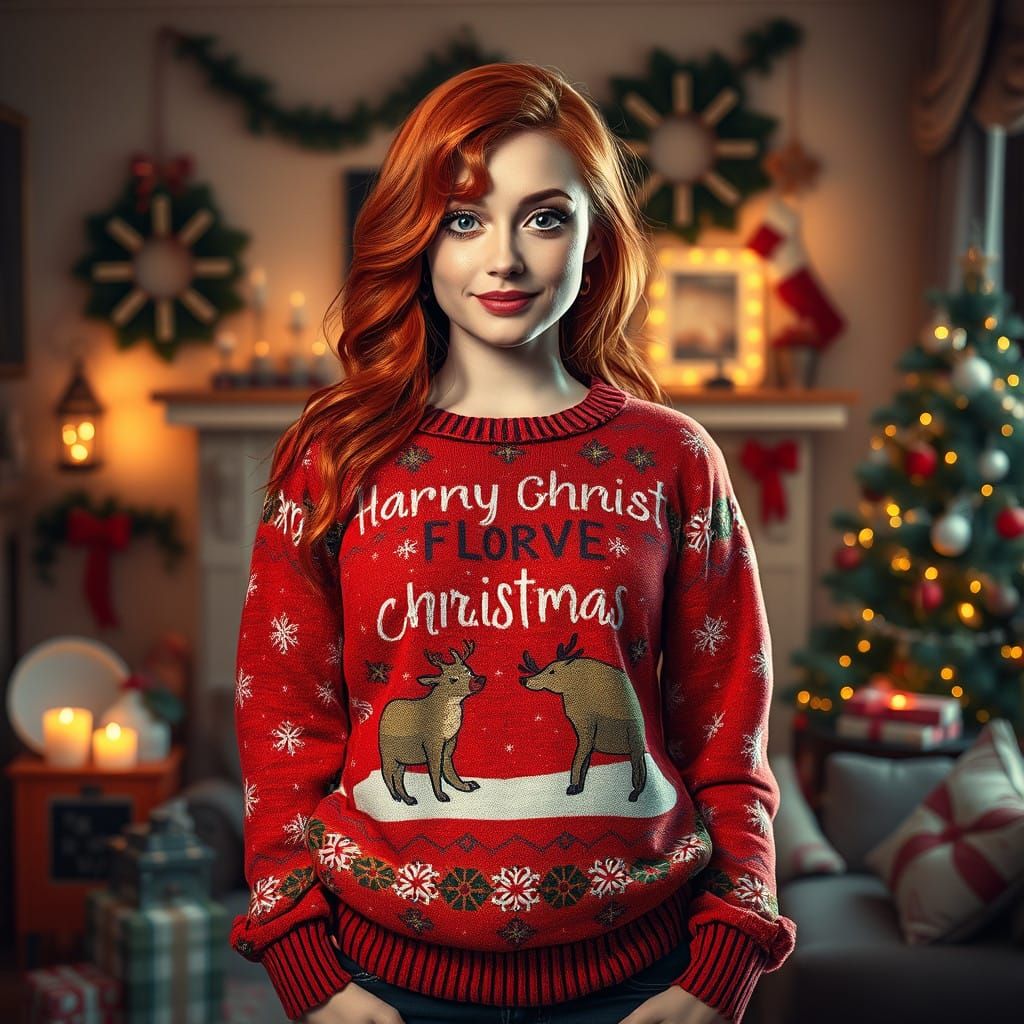 Vibrant Redhead in Whimsical Christmas Sweater Scene