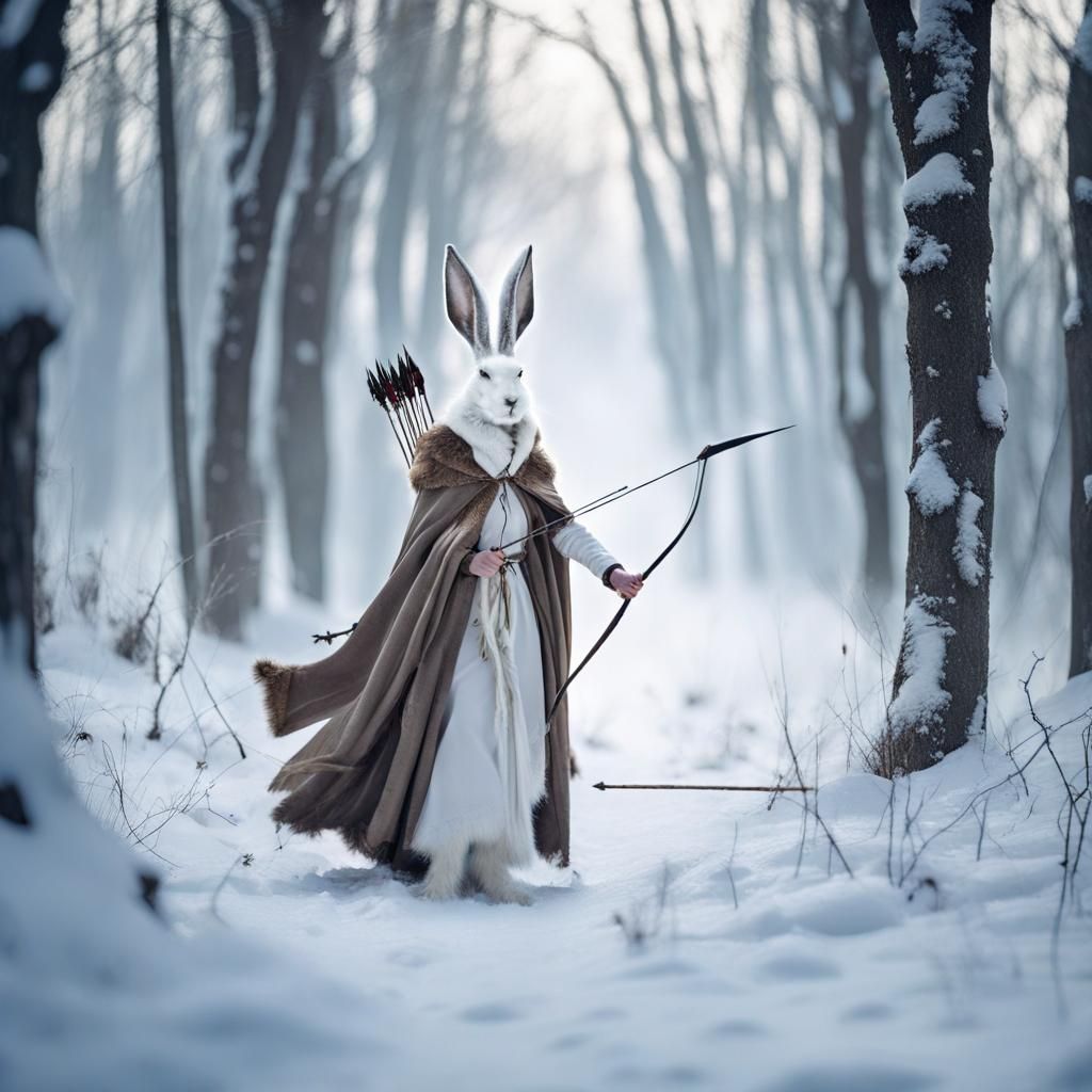 Fantasy Huntress Tracking Hare in Winter Woods