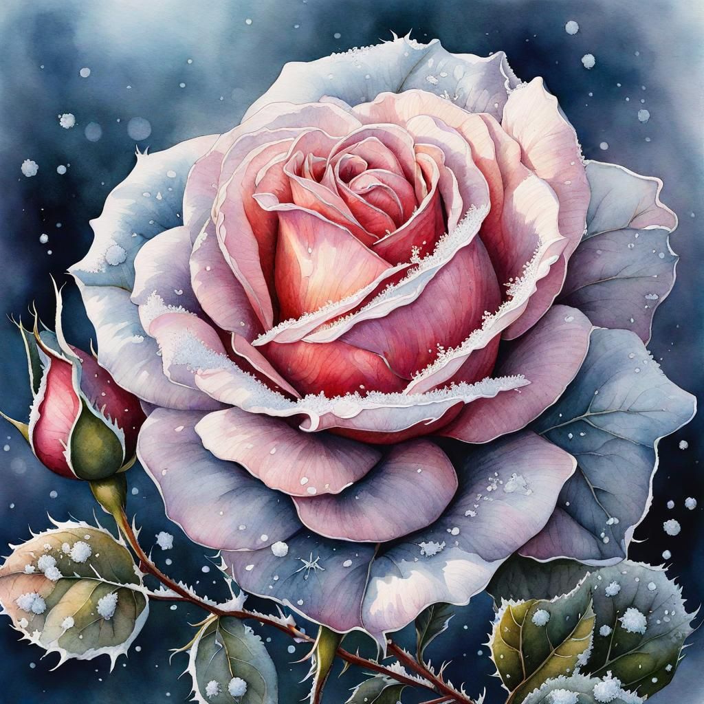 Frostbitten Rose Watercolor Illustration in Winter Garden