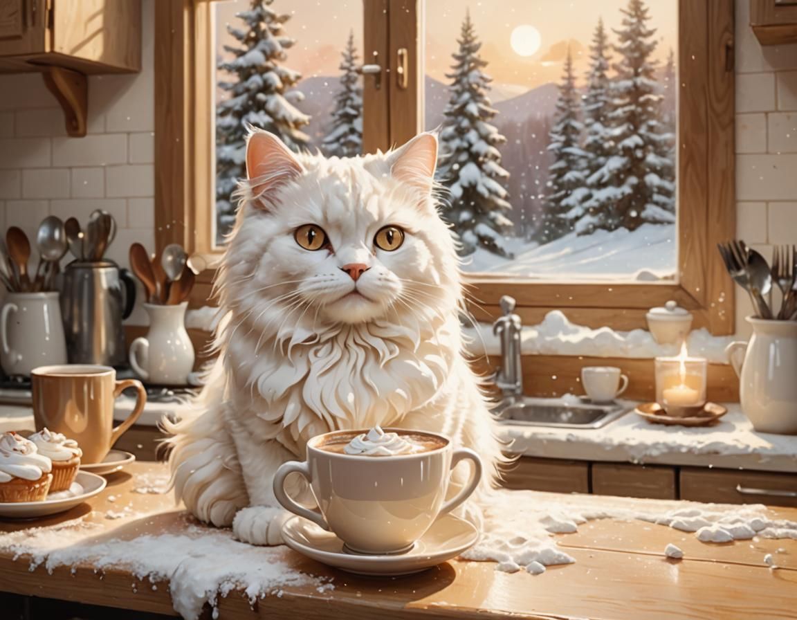 Cozy Kitchen Scene: Cream Cat and Hot Chocolate