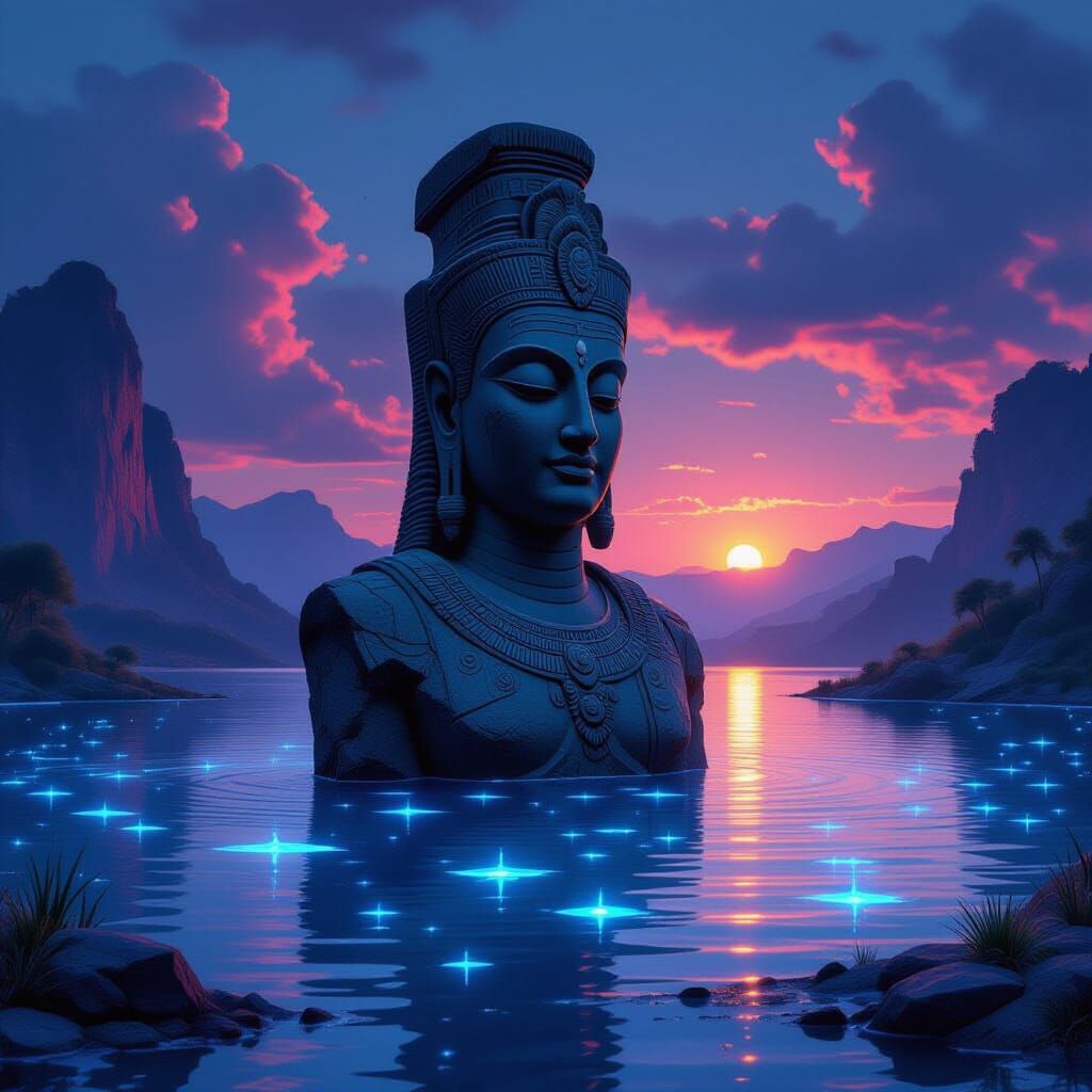 Colossal Deity Statue in Ethereal Twilight Lake