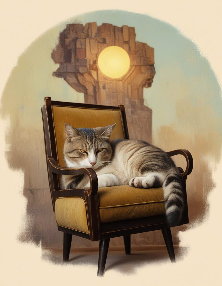 Art Deco Cat Nap in Dreamy Pastel Colors