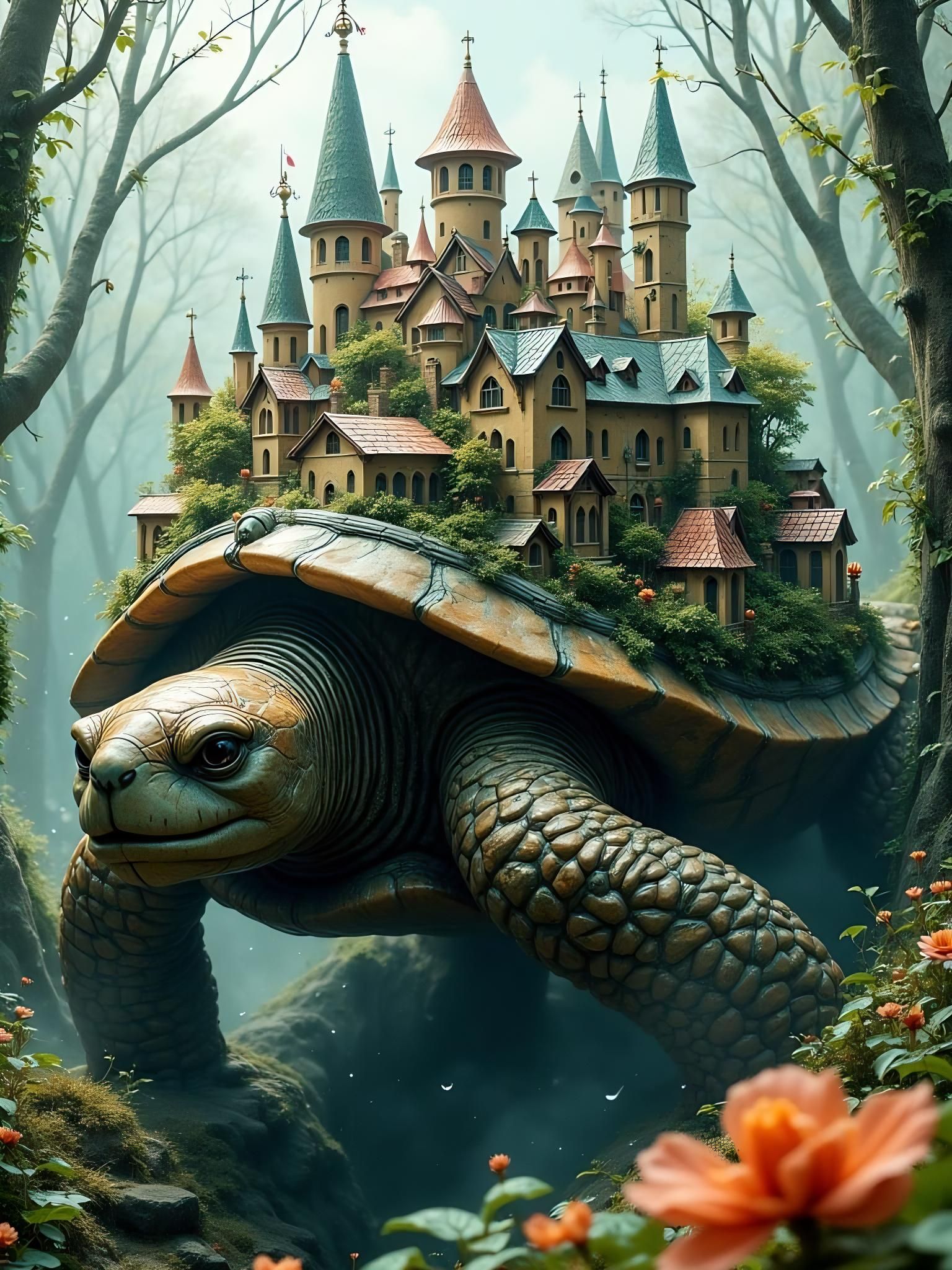 Whimsical City Atop a Turtle: Digital Art