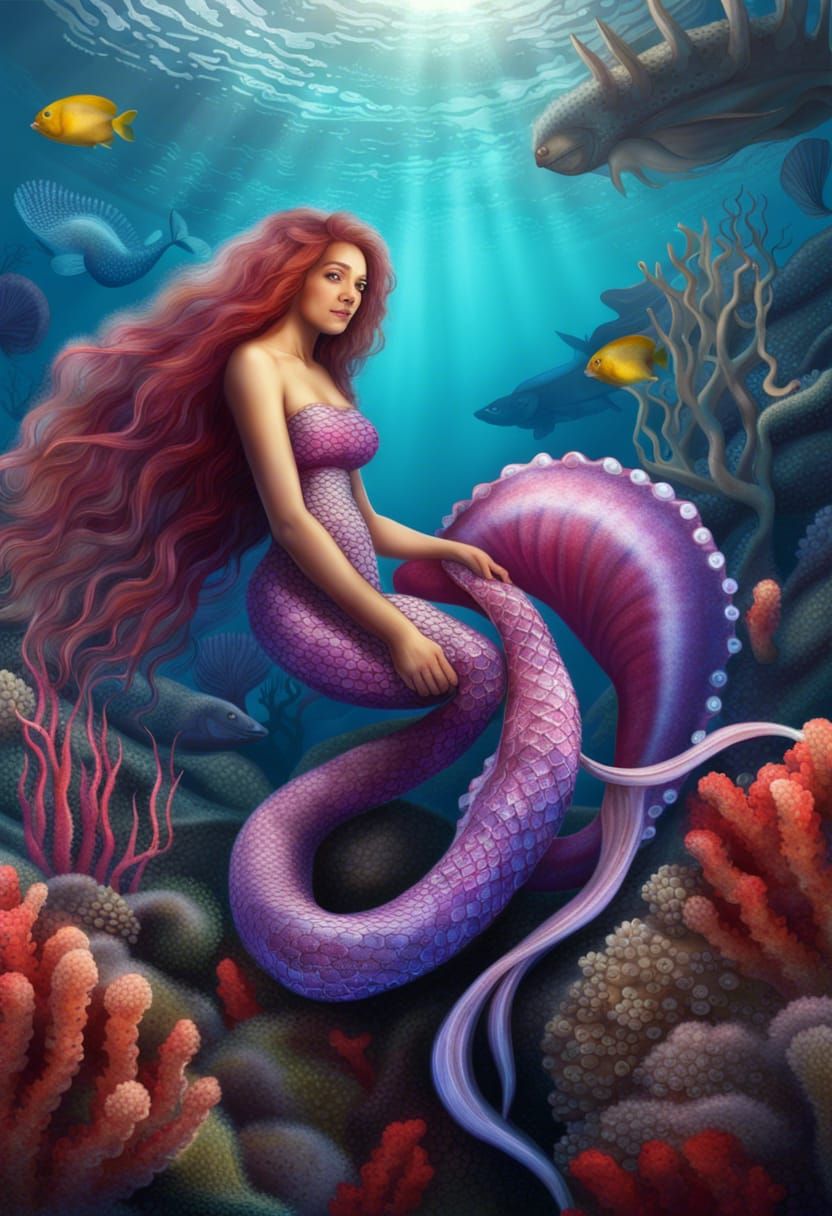 Mermaid with Octopus Tail in Coral Reef Digital Art