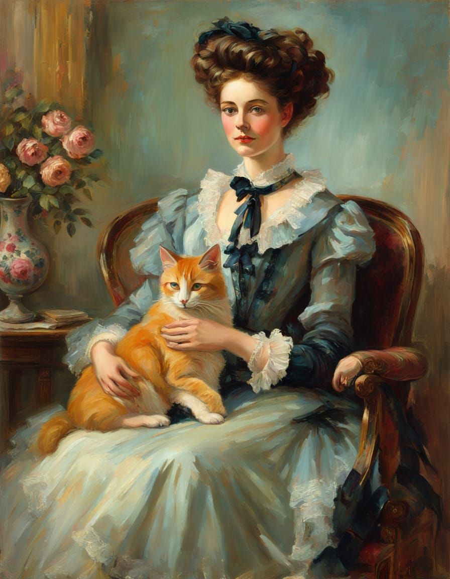 Victorian Woman with Cat in Impressionistic Oil Painting