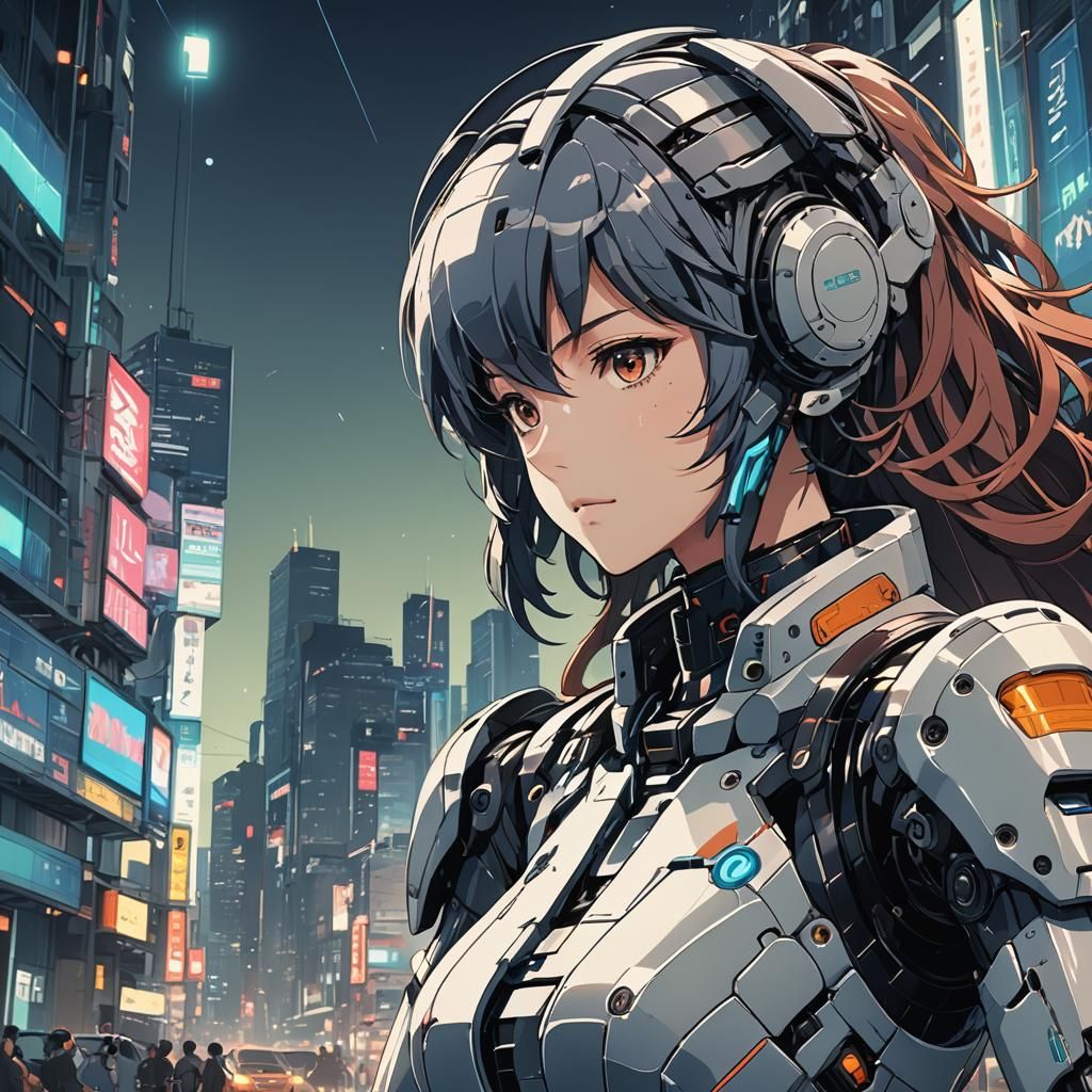 Anime Cyborg Girl in Cel-Shaded Manga Style