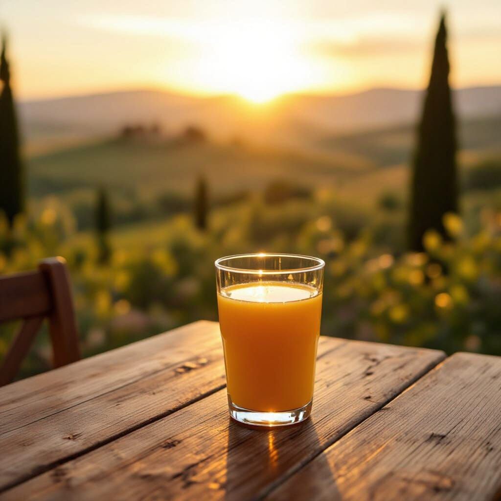 Golden Hour Orange Juice in Tuscan Kitchen