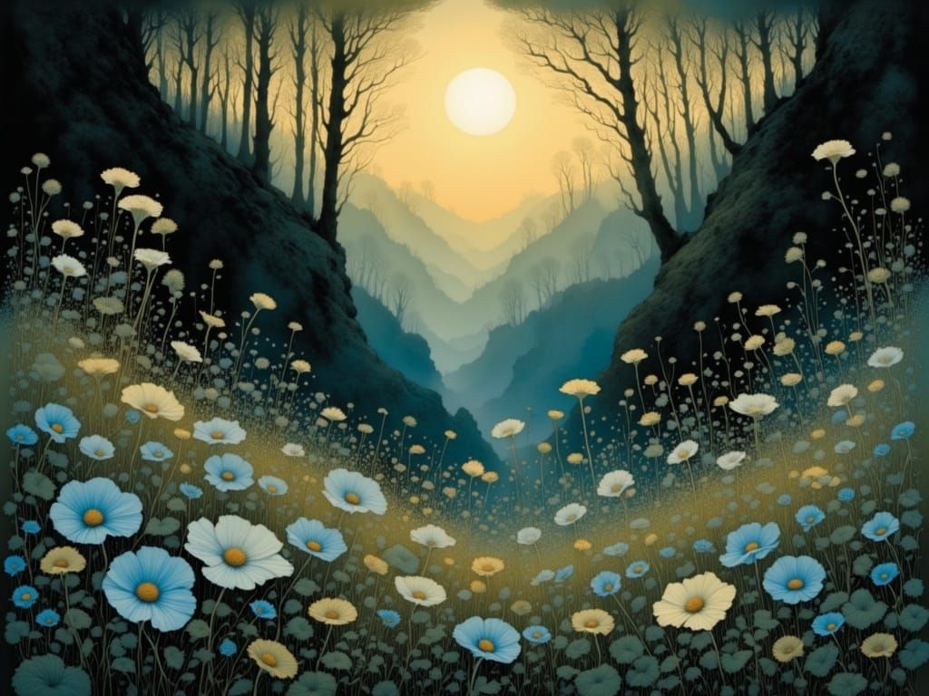 Surreal Landscape with Sunlit Bloom in a Dark Ravine