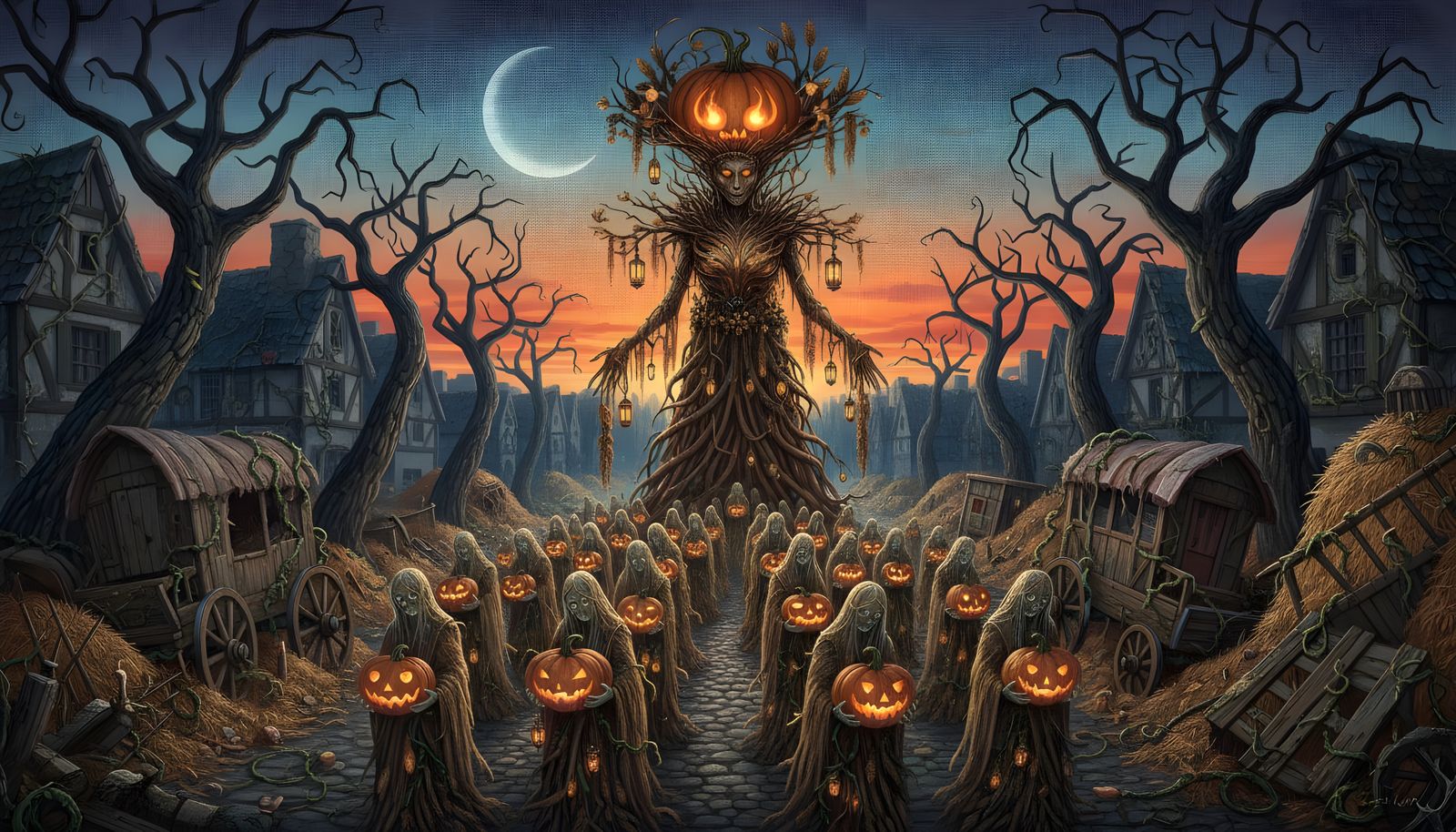 Spectral Harvest Parade With Glowing Gourds