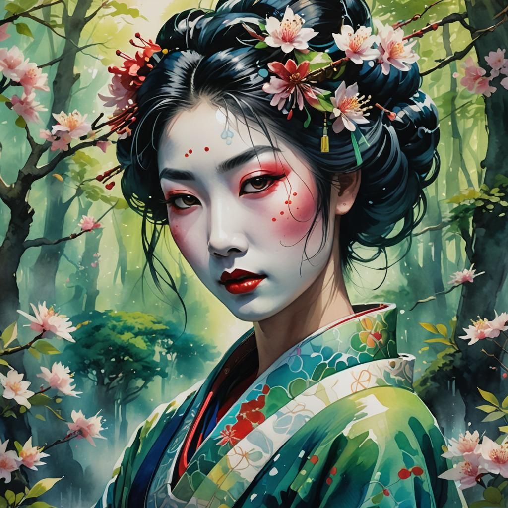 Watercolor Geisha Portrait in Lush Forest