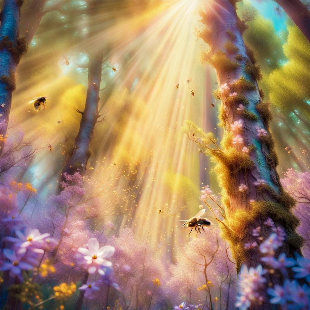 Blooming Forest with Bees, in Impressionist Style