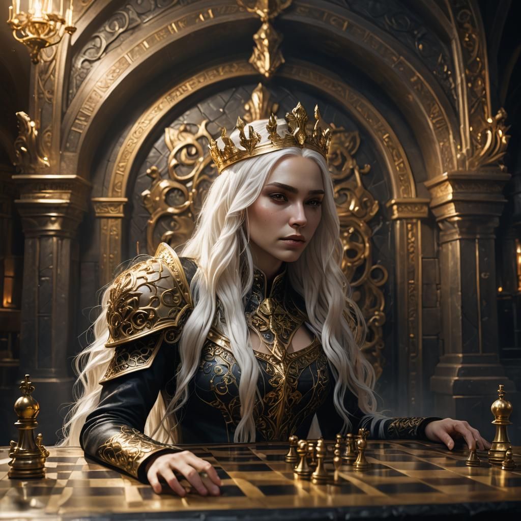 Fantasy Queen on Chessboard in Art Deco Style