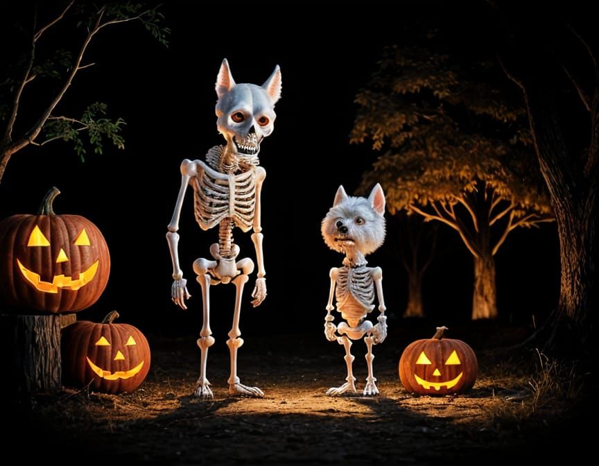 Spooky Halloween Westie and Skeleton in 3D Pixar Style