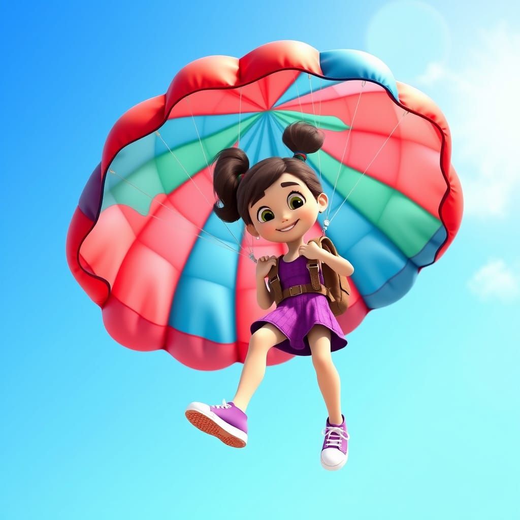 Girl with Parachute in Vibrant 3D Digital Art
