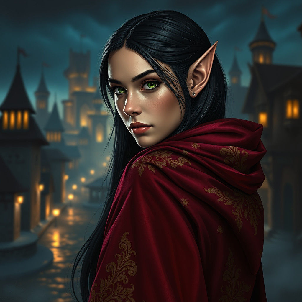Mysterious Half-Elven Rogue in Medieval Cityscape