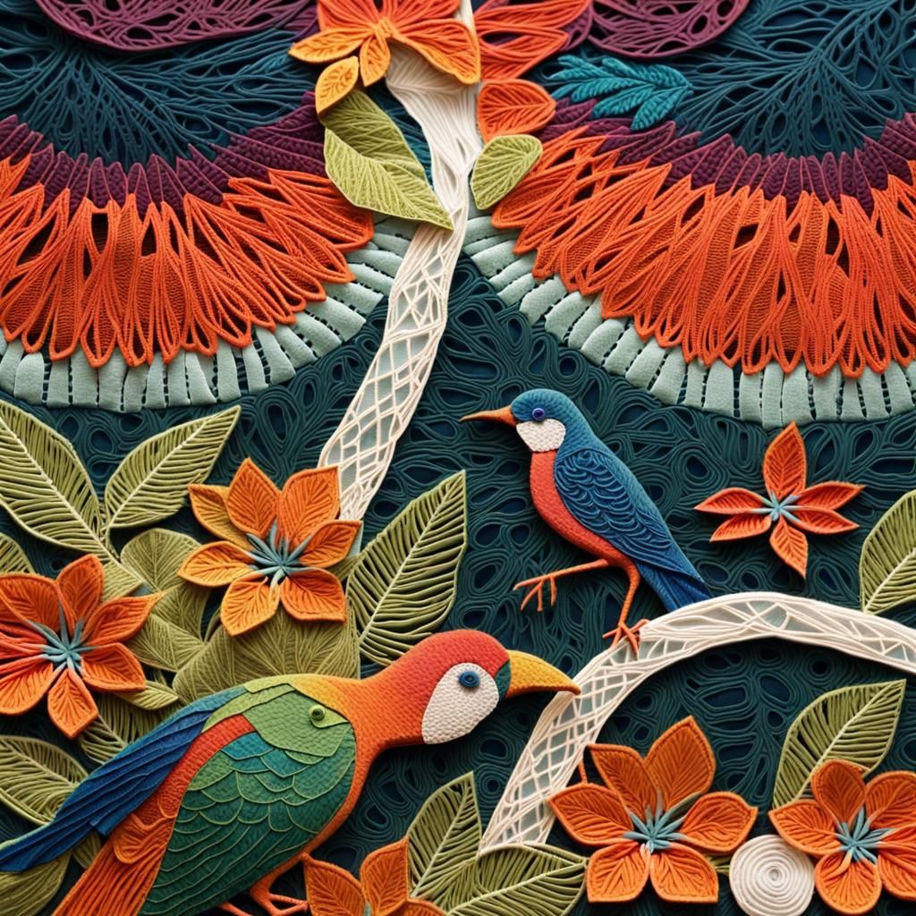 Tropical birds, in the style of Meredith Woolnough (#2)