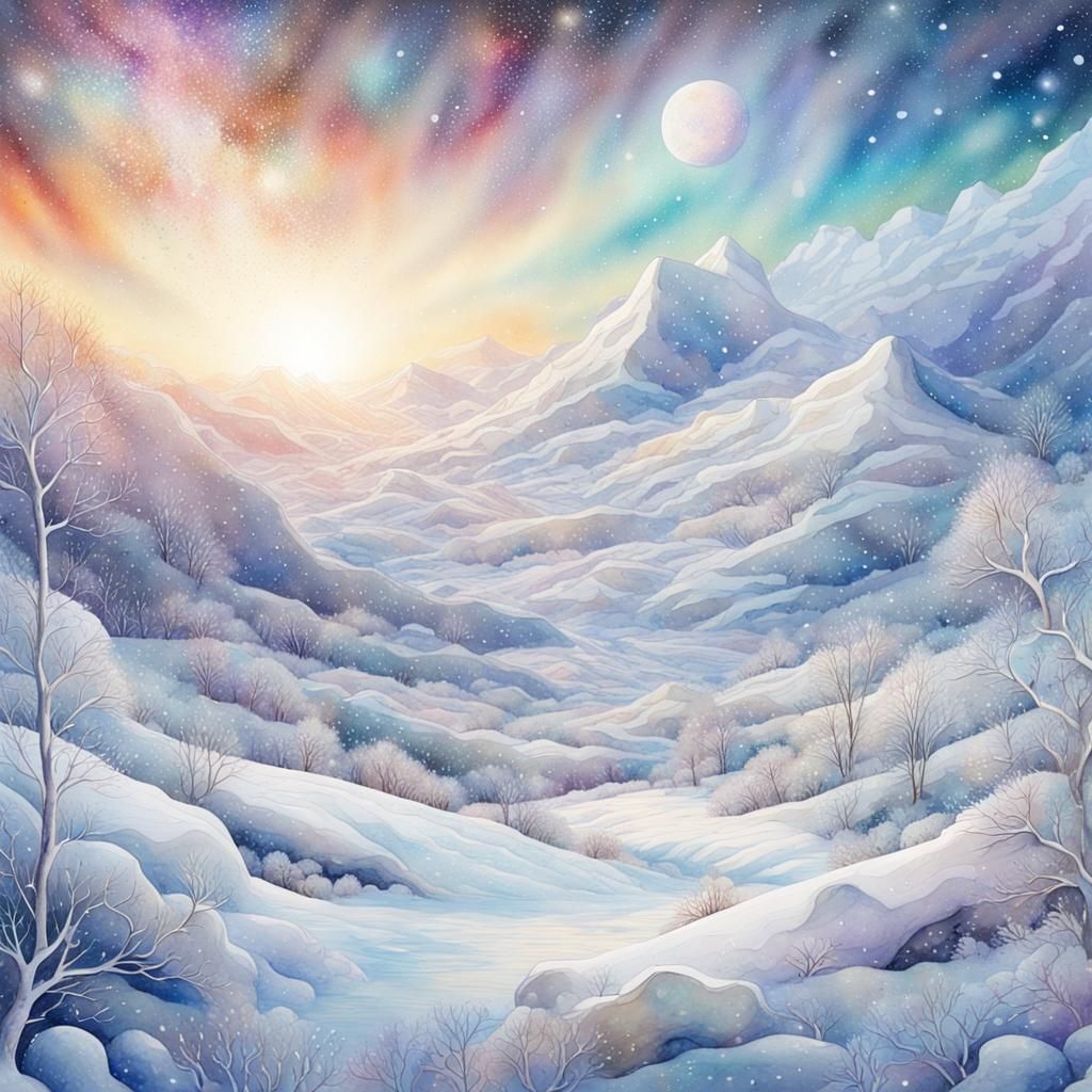 Sparkling White Winter Landscape in Watercolor