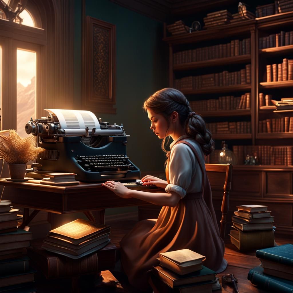 Girl Typing in Book-Filled Room, Detailed Matte Painting