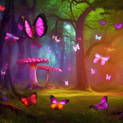 "Fairytale forest, colorful Butterflies, glowing flourescent mushrooms: fantastical, hyperrealistic, maximalist, fantas...