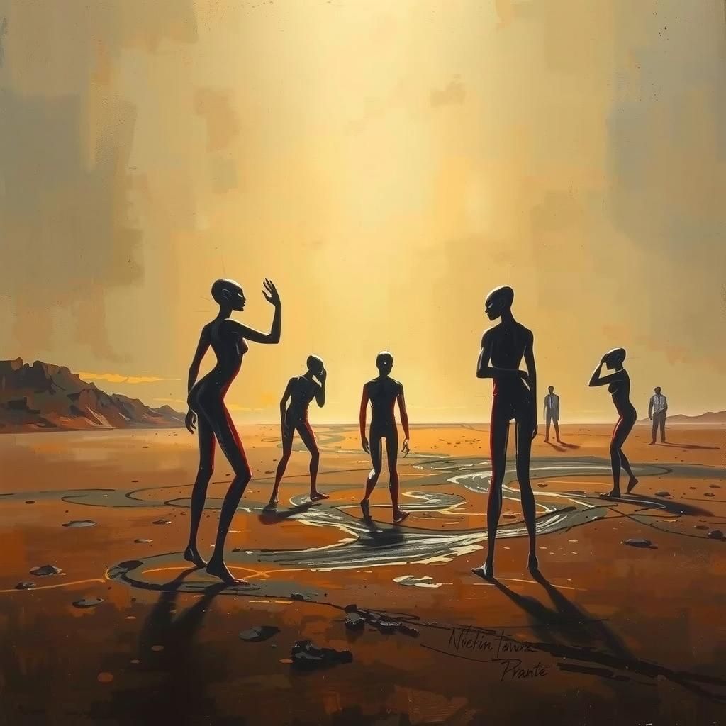 Surreal figurative abstract. Medium shot. Human figures with...