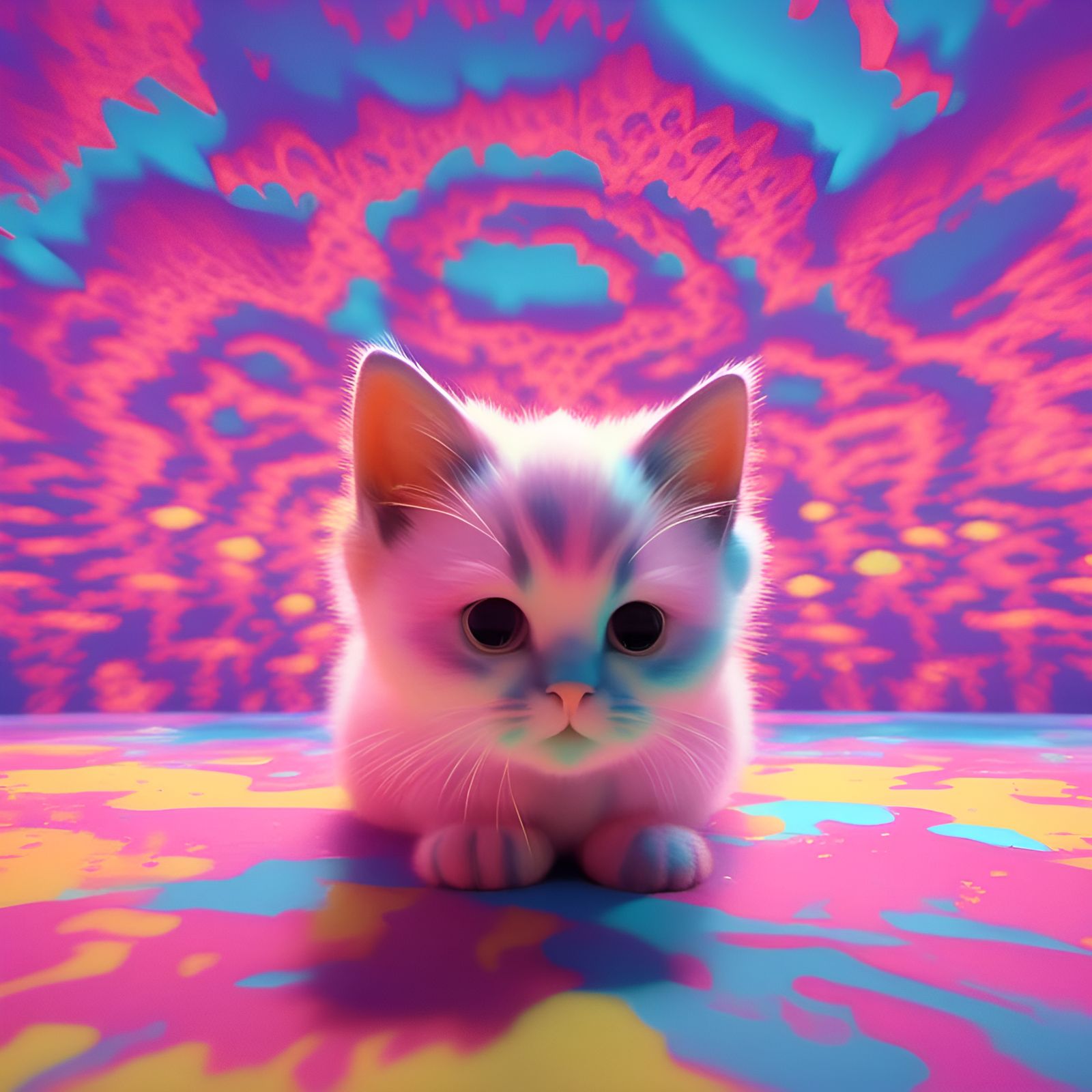 Kitten in Tie-Dyed 3D Animated Landscape