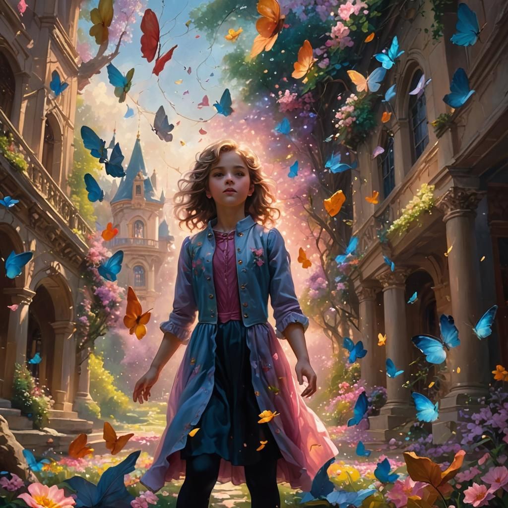 Ethereal Fantasy Garden Scene with Palace in Oil Paint Style