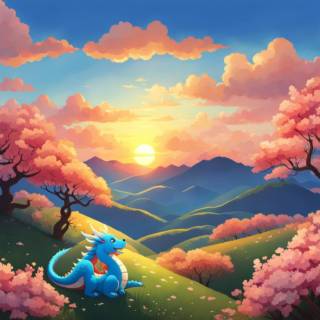 Cute Blue Dragon Under Korean Sunset Sky