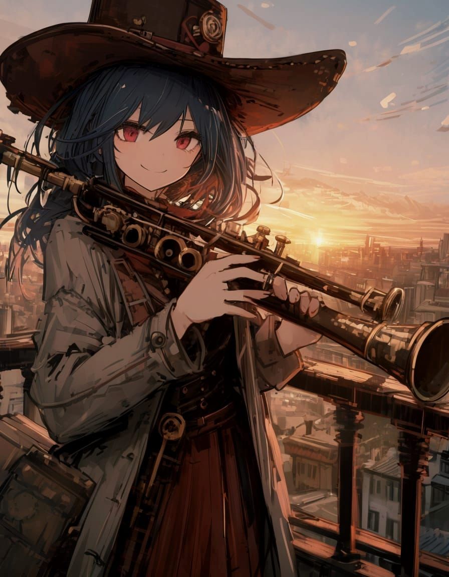Steampunk Clarinetist in Sunset Rooftop Serenade