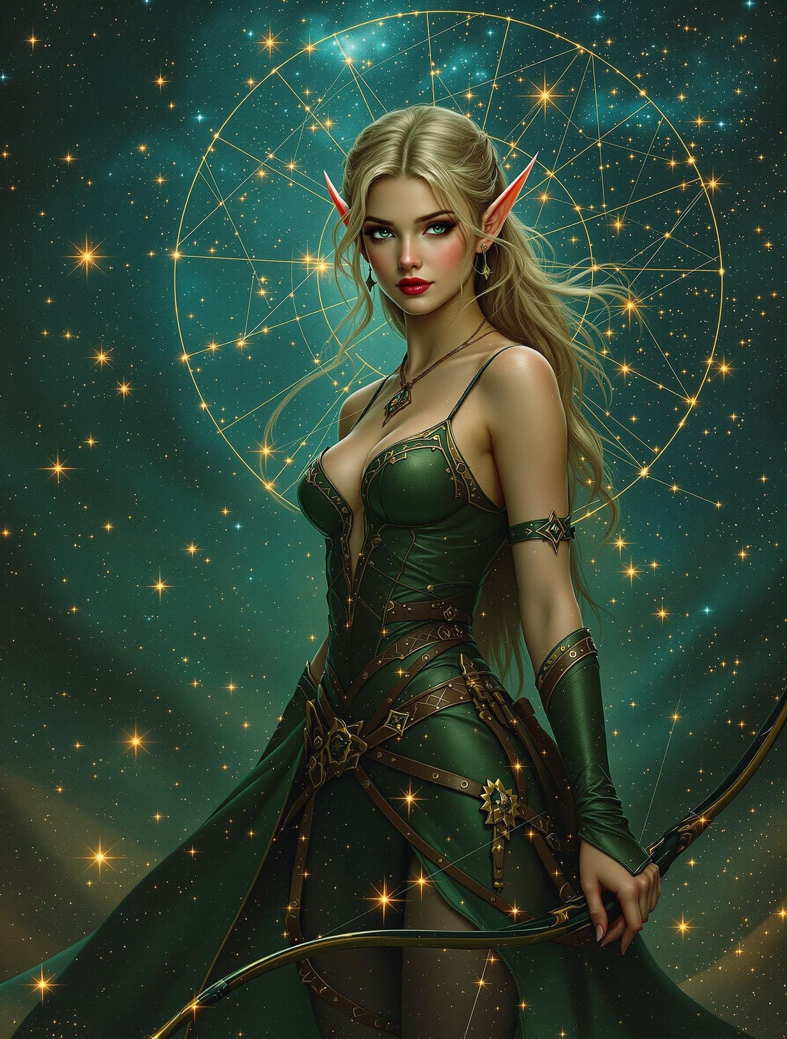Elven Archer with Constellation Overlay in Impressionist Sty...