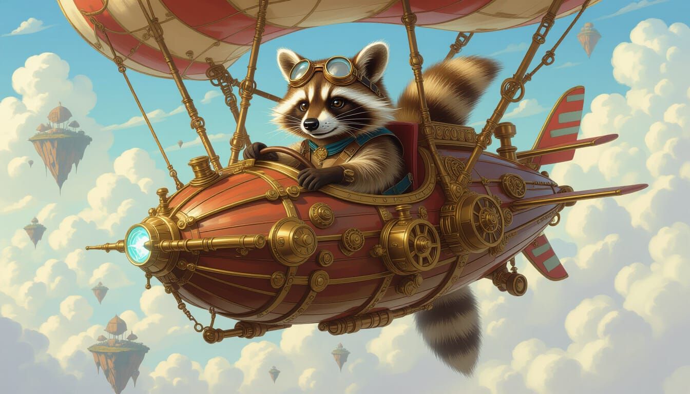 Steampunk Raccoon Pilot Airship Adventure