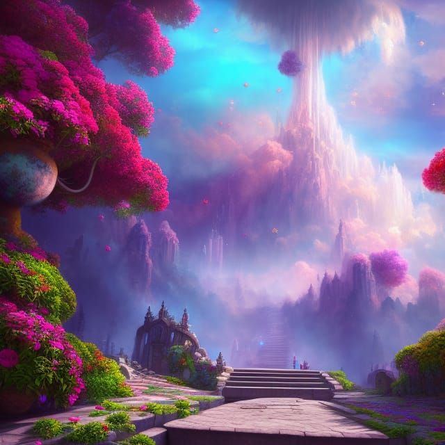 Heavenly Stairway with Flowers, Fantasy Concept Art