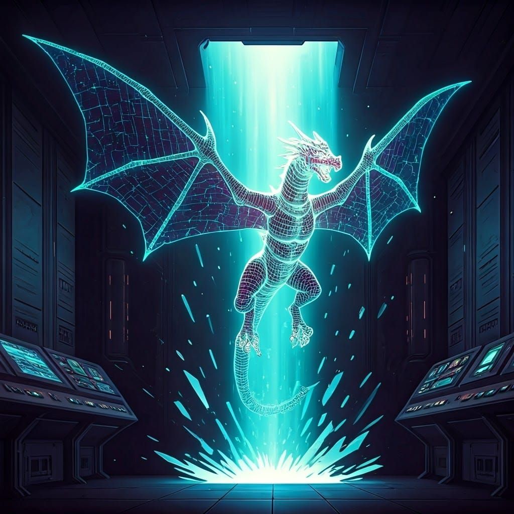 Cyberpunk Hologram Dragon Unleashes Radiant Energy
