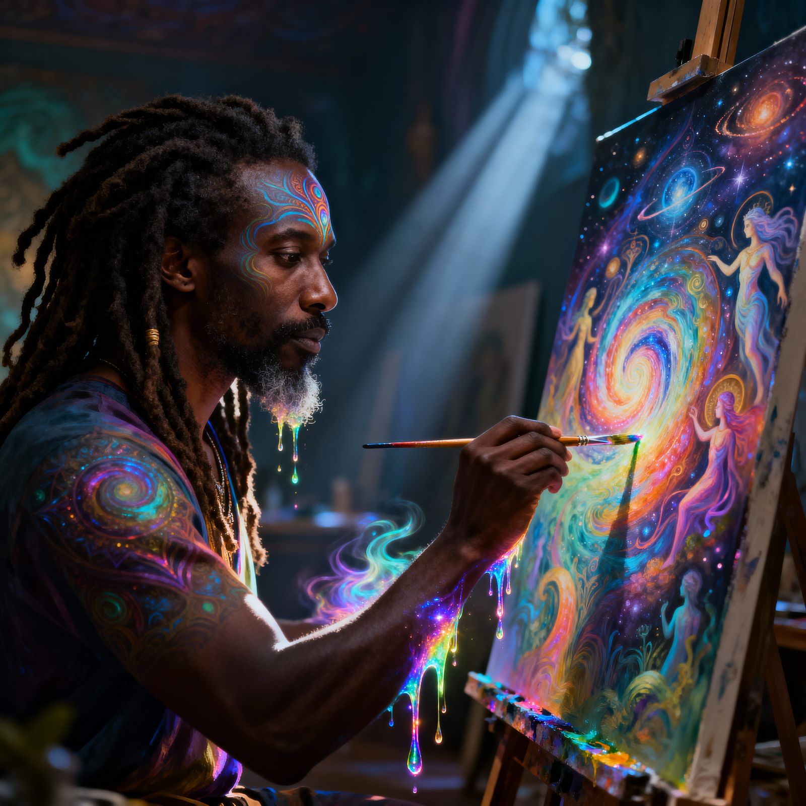 Black Artist Paints Cosmic Self-Portrait in Mystical Studio