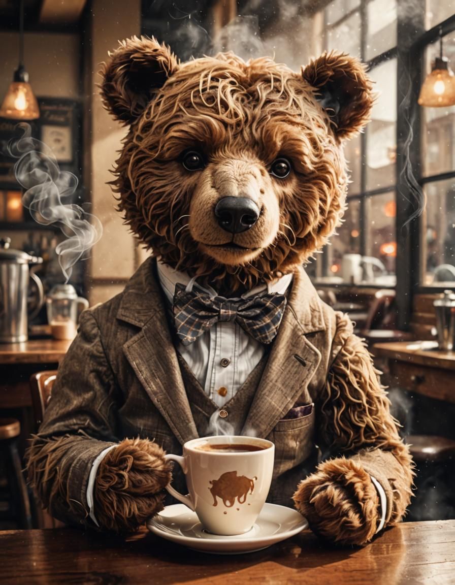 Hipster Teddy Bear Sipping Coffee in Illustration Style