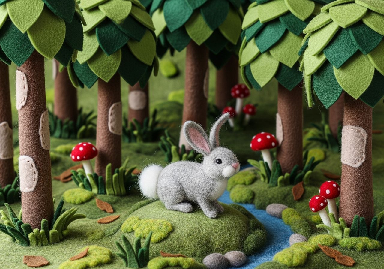 Felted Rabbit in a Forest Made of Felt