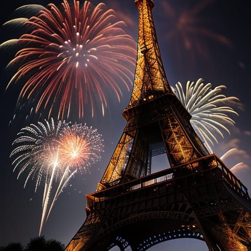 Eiffel Tower at Night with Fireworks, Ultra Realistic