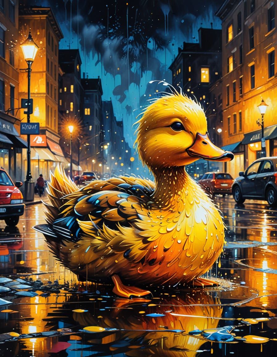 Fire and Ice Ducks in Vivid Cityscape