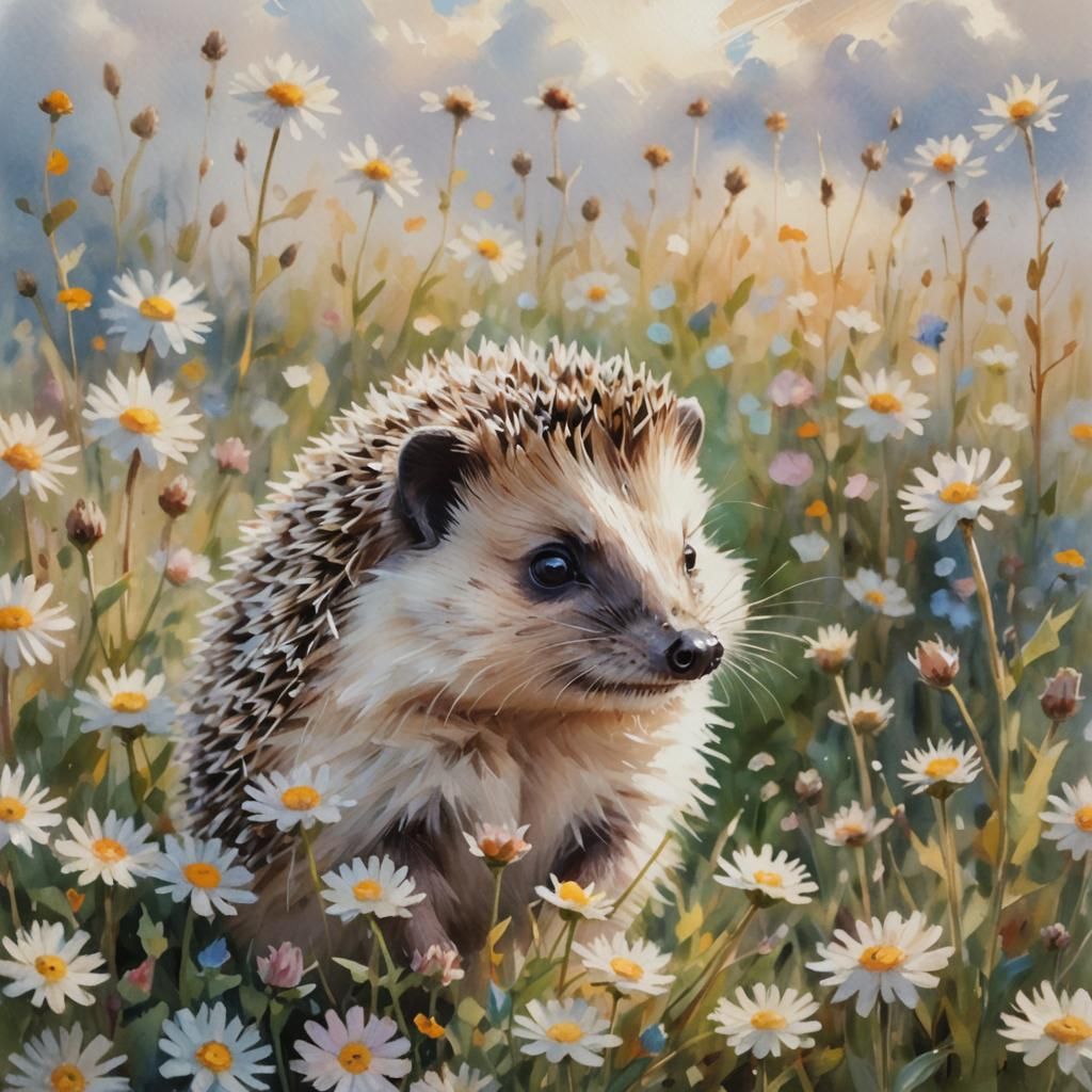 Hedgehog in Flower Field: Dreamy Impressionism