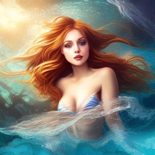 Underwater Woman with Golden Hair in Hyperreal Style
