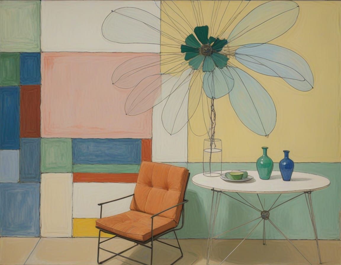 Wire Sculpture and Patio Scene in Muted Colors