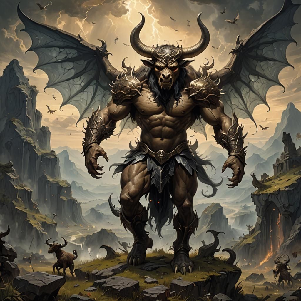 Minotaur with Fairy Wings in Macabre Landscape