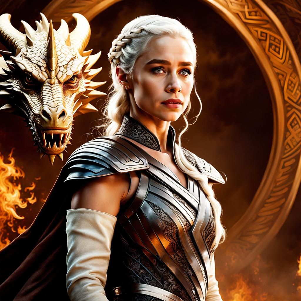 Daenerys Targaryen Portrait with Dragon, Matte Painting Styl...