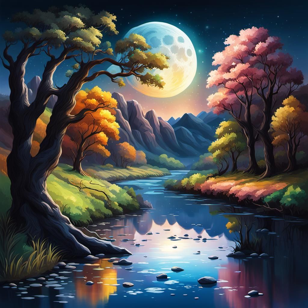 Beautiful river in another world,in the countryside with a beautiful moon in the sky and different colors and trees