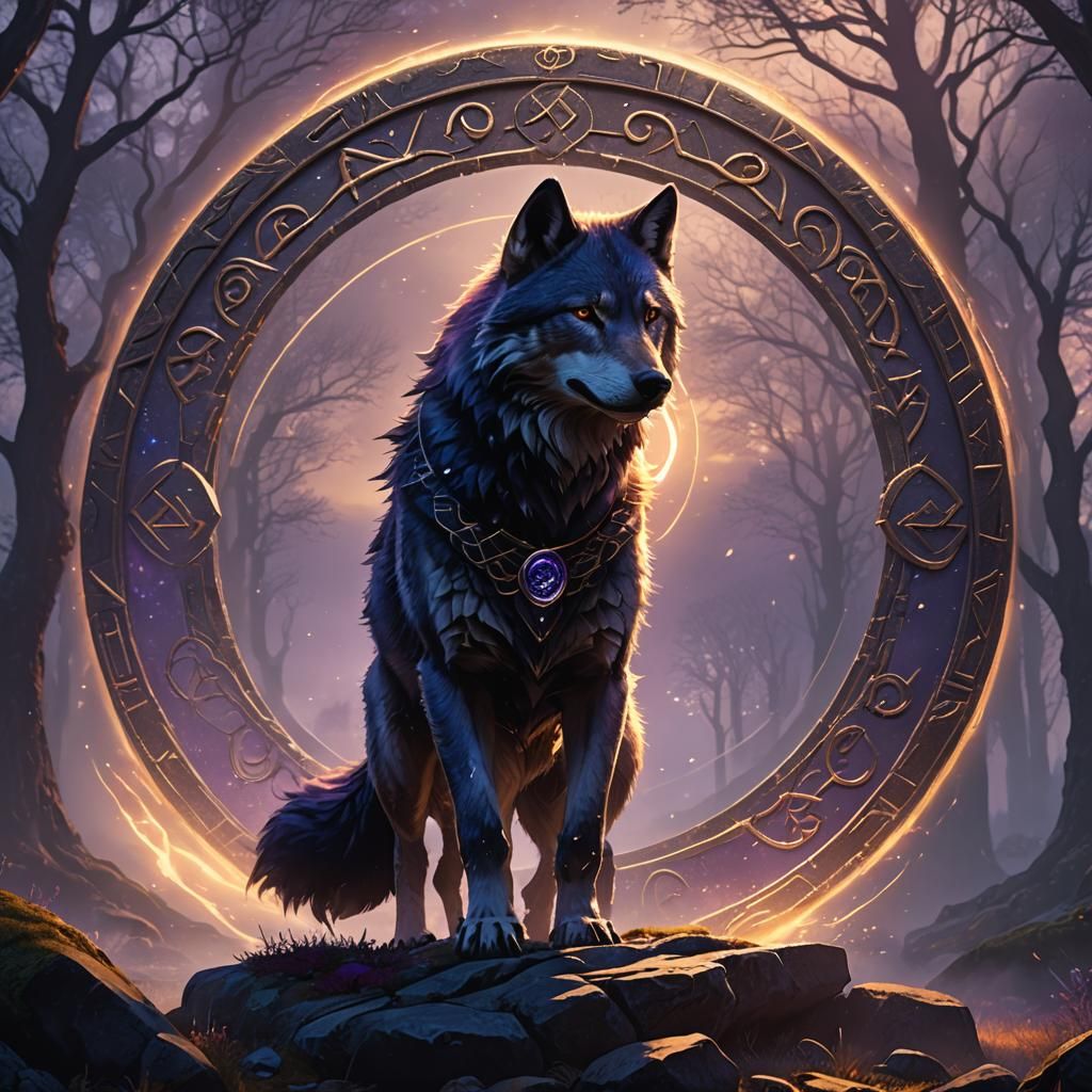 Fenrir Surrounded by Glowing Runes in Nordic Fantasy