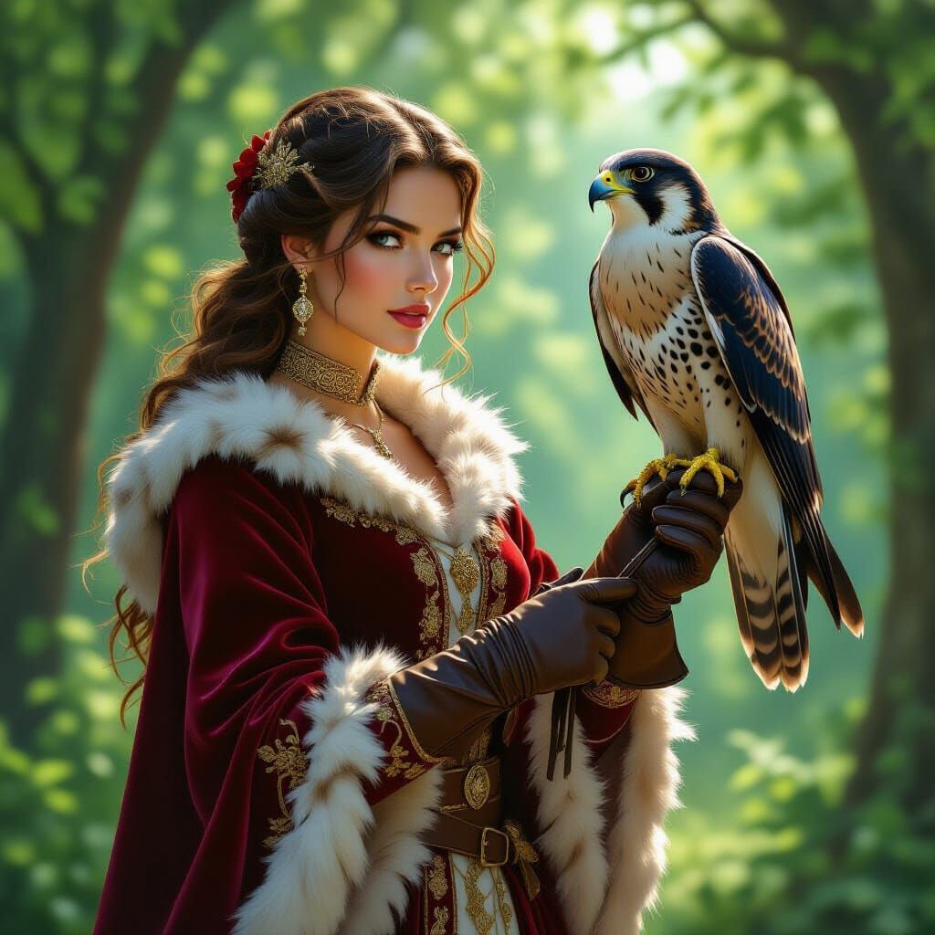 Medieval Lady Practicing Falconry in Lush Forest